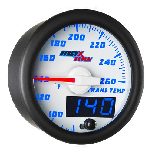 MaxTow Double Vision 260 F Transmission Temperature Gauge Kit - includes Electronic Sensor - White Gauge Face - Blue LED Illuminated Dial - Analog & Digital Readouts - for Trucks - 2-1/16