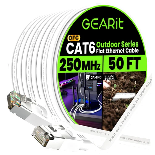 GearIT Cat 6 Outdoor Flat Ethernet Cable (50ft, White) Direct Burial Rated LLDPE Jacket - Indoor Cat6 Shielded FTP 10Gbps High Speed Gaming Computer Network RJ45 Snagless Patch Cord Internet