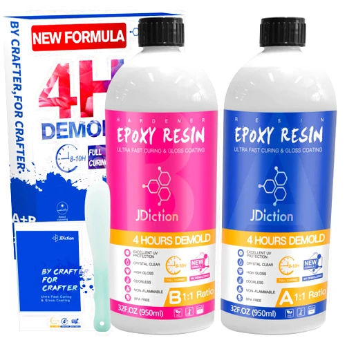 JDiction Fast Curing Epoxy Resin 64OZ-4 Hours Demold Upgrade Formula, Fast Curing and Bubbless Epoxy Resin, Crystal Clear Epoxy Resin Kit Self Leveling and Easy Mix for Art, Craft, Jewelry