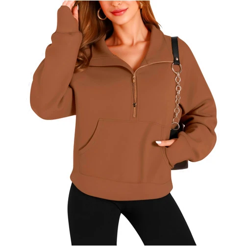 MANGOPOP Quarter Zip Pullover Women Sweatshirts Hoodies with Thumb Holes 2 Kangaroo Pockets Half Zip Cropped Clothes