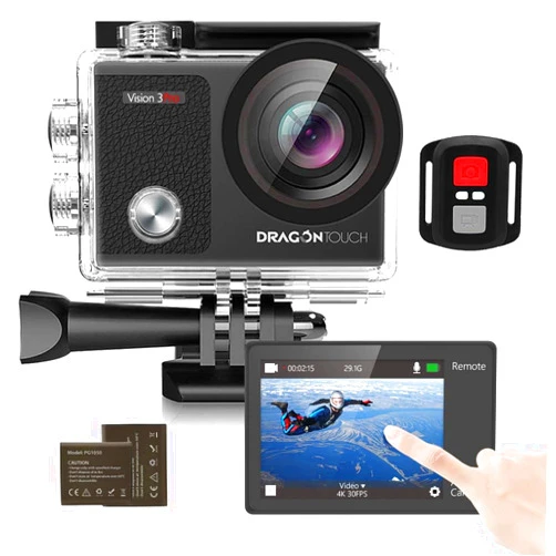 Dragon Touch 4K Underwater HD Action Camera, Vision 3 Pro Touch Screen 20MP 100FT Waterproof Video Camera Adjustable View Angle WiFi Sports Camcorder with Remote Control Helmet Accessories