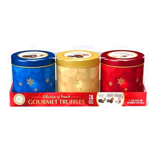 Generic French Gourmet Truffles - 3 Tin flavors: Peppermint, Hazelnut, and Coconut (3-8oz)