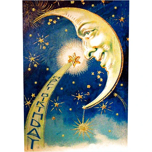 FYSSHUO Madame Treacle The Moon, Shooting Star and Gold Glitter Stars Birthday Card