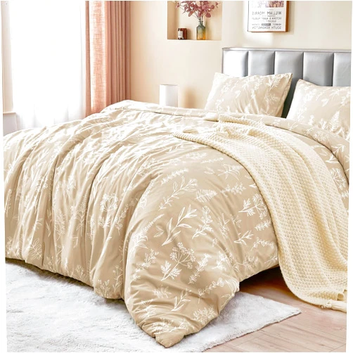 MUXHOMO Beige Bed in a Bag Queen 7 Pieces, Queen Comforter Set Reversible Botanical Flowers Design, Ultra Soft & Breathable Bedding Sets with Comforter, Sheets, Pillowcases & Shams
