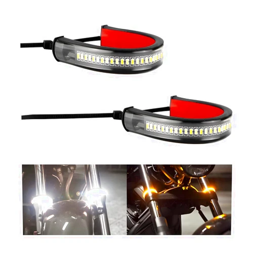 zipelo 2PCS Motorcycle LED Turn Signal Light, Flexible Switchback Dual-Color White & Amber Fork Turn Signal Blinkers, DRL Daytime Running Light Waterproof Adjustable Strips Bars for Motorbike