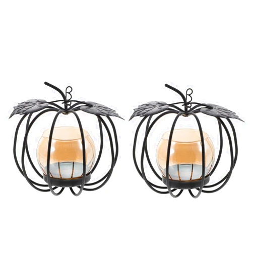 GOOHOCHY 2pcs Wrought Iron Pumpkin Candle Holder Halloween Home Decor Taper Candle Holders Table Candlestick Vintage Wedding Decor Fall Decorations for Home Cage Autumn Glass Tea Light