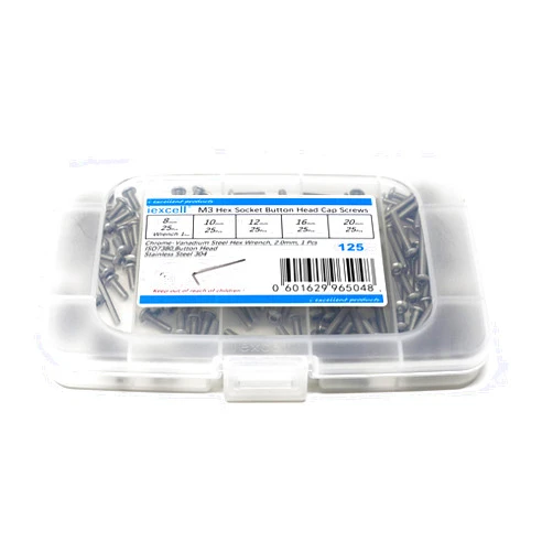 iexcell 125 Pcs M3 x 8/10/12/16/20 Stainless Steel 304 Hex Socket Button Head Cap Screws Bolts Assortment Kit