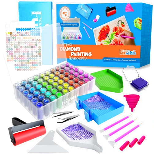 Craft Fusion Diamond Painting Tools and Accessories - Diamond Art Kits for Adults and Kids - DIY Bead Organizer Box with Large Grid Storage Containers, 60 Parts, Includes Sticker Pack