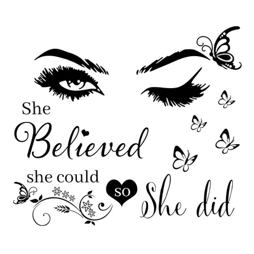 CASADECOR Wall Sticker Saying Vinyl Wall Decals Eyelash Eyes Inspirational Quotes She Believed She Could So She Did Wall Decal Butterfly Wall Stickers for Bedroom Living Room Classroom Office Girl Room Home