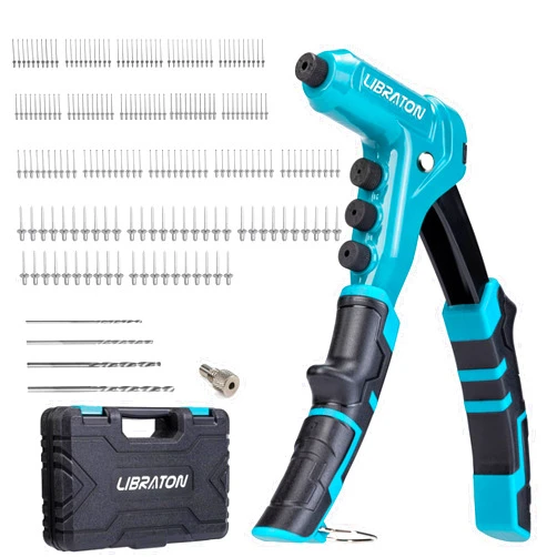 Libraton One-Handed Rivet Gun, Pop Rivet Gun Set, Professional Hand Riveter, Manual Riveting Tool with 200 Rivets for Metal, Includes 4 Drill Bits, 4 Tool-Free Interchangeable Heads, Storage Case