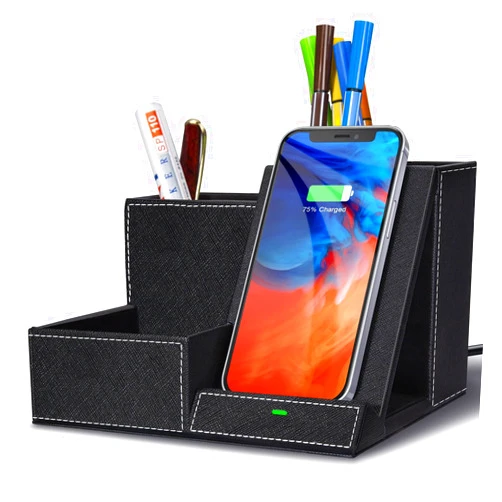 TopMade Fast Wireless Charging Station with Desk Organizer, PU Leather Office Supplies Desk Accessories, Pen Holder, Phone Stand Charger, Nightstand Organizer, Birthday Gifts for Men Women(Black)