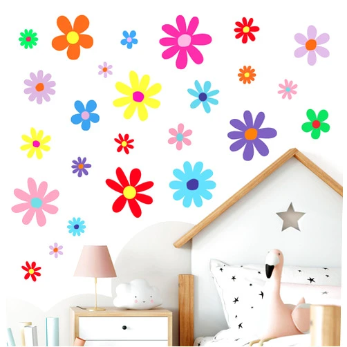Sondeng 12 Sheets Daisy Wall Decals Boho Flower Wall Stickers Cute Kids Girls Room Decor Peel and Stick Floral Decals Toddler Nursery Playroom Living Room Bedroom Classroom Retro Hippie Decor Bright Style
