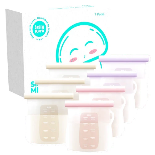 Jelly Ruru JellyRuru 7 PCS Reusable Breast Milk Storage Bags, 8.5oz 250ml Standard Silicone Breastmilk Freezer Storage Container, Leak-Proof & Self-Standing Milk Bags, Baby Food Bags