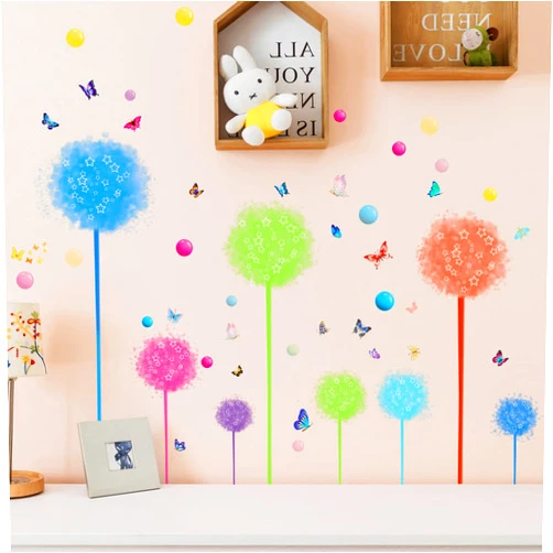 Supzone Colorful Dandelion Wall Decal Flower Wall Stickers Butterflies and Dots Wall Decor DIY Vinyl Mural Art for Bedroom Living Room Offices Sofa TV Backdrop Wall Decoration