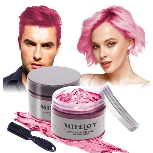 Mifeloy 2 Pack Temporary Pink Hair Color Wax with 1 Dye Brush, Instant Natural Hairstyle Cream 4.23 oz, Disposable Coloring Mud for Men Women Youth, Washable Styling Pomades, Party Cosplay Halloween