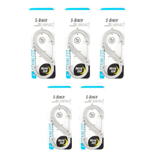 Nite Ize S-Biner Stainless Steel Dual Carabiner - Multi Purpose Dual Carabiner Clip - Great for Camping Supplies & Hiking Essentials - Secure Key Holder - Size 4 (5 Pack)