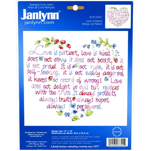 Janlynn Stamped Cross Stitch Kit, Love is Patient, 12