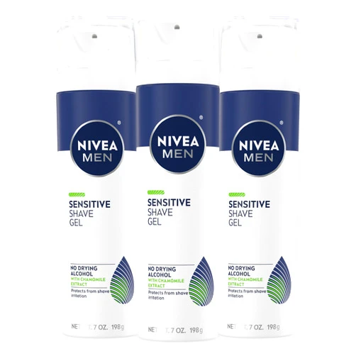 NIVEA MEN Sensitive Shave Gel with Vitamin E, Soothing Chamomile and Witch Hazel Extracts, No Drying Alcohols, 3 Pack of 7 Oz Cans