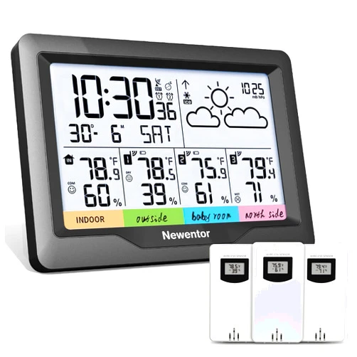 Newentor Weather Station Wireless Indoor Outdoor Multiple Sensors, Digital Atomic Clock Weather Thermometer, Temperature and Humidity Monitor, Forecast Weather Station with Backlight, Black