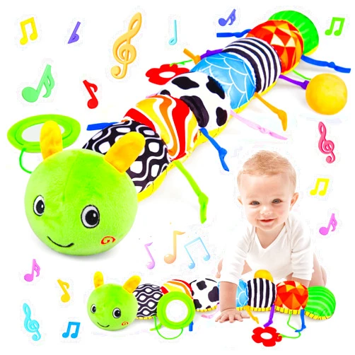 Vpkefla Infant Baby Toys 0 to 12 Months, Stuffed Animal Tummy Time Toys Sensory Toys with Crinkle, Rattles, Textures and Mirror Gifts for Newborn Boys Girls Toddlers, Caterpillar Musical Toys (Green)