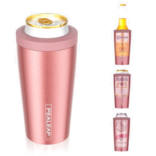 PEALEAP 4 in 1 Insulated Slim Can Cooler for 12 OZ Cans and Beer Bottle - Keep 8 Hours Cold, Easy to Hold - Stainless Steel Can Holder, Double Walled Can Insulator for Hard Seltzer and More (Rose Gold)