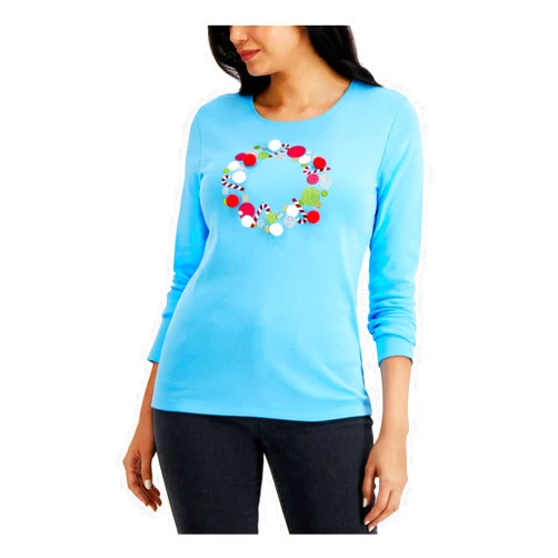 Karen Scott Womens Turquoise Embellished Glitter Pom Pom Wreath Long Sleeve Crew Neck Holiday Top XL