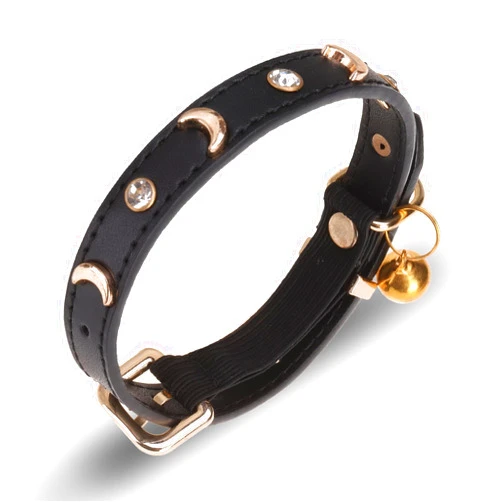VKPETFR Leather Cat Collar with Bell and Elastic Safety Strap, Adjustable Kitten Collars for Girl Boy Cats Puppy Small Pets (Black)