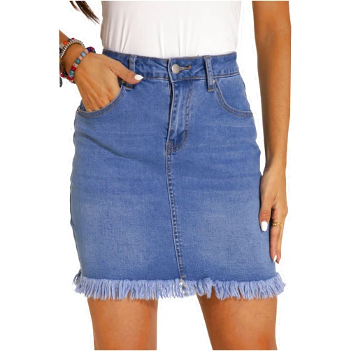 GUANYY Womens Denim Skirt Raw Hem Bodycon Stretch Casual High Waisted Jean Mini Skirt