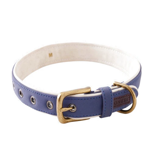 HonestBaby Collars and Leash Sets Braided and Vegan Suede for Dogs Organic Cotton for Pets, Navy/Natural, Large