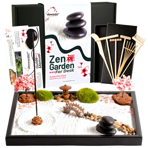 Allowander Zen Garden Kit - 12x8in Sand Tray, Japanese Gift Set with 14 Accessories and 6 Tools, Meditation Mini Zen Garden, Home Office Desk Decoration, Sand Therapy Kit, Rock Decor
