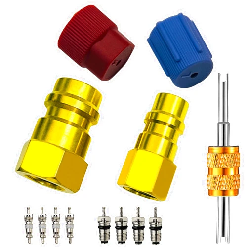 VOTNMIC R12 to R134A AC Retrofit Fitting Adapter Kit, Solid Brass R12 to R134A Conversion Retrofit Fitting Adapter, High/Low Fitting Port Retrofit 1/4’’to 7/16