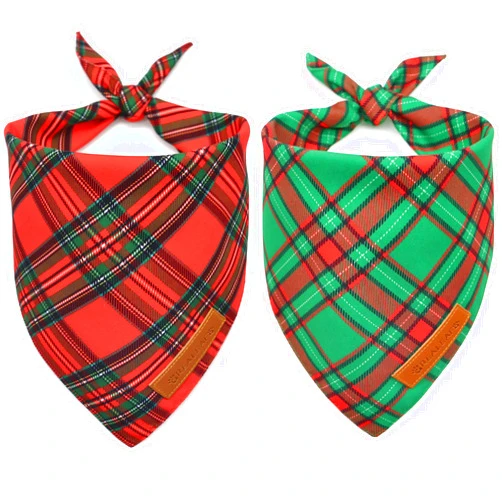 Realeaf Christmas Dog Bandanas 2 Pack, Reversible Red Green Plaid Dog Scarf, Xmas Pet Bandana for Boy and Girl, Premium Durable Fabric, Holiday Check Bandana for Small and Medium Dogs Pets (Small)
