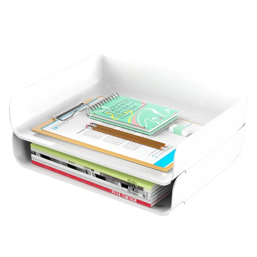 Tomorotec Desk Letter Tray Set, A4 Size White Stackable Document Organizer Office Desktop File Paper Holder Book Storage Rack Side Load Anti-Skid Stacking Support Convex Bottom (2X Landscape)