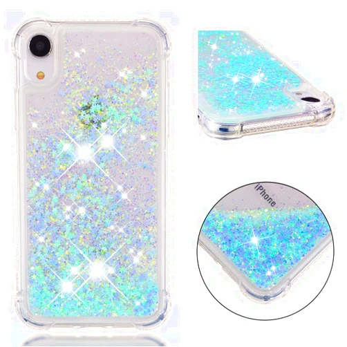 Asdsinfor Case for iPhone XR, iPhone XR Glitter Liquid Cute Clear Flowing Quicksand TPU Case with Anti-Fall Belt Bumper Corner Shockproof Case for iPhone XR Silver Blue Star LSYB