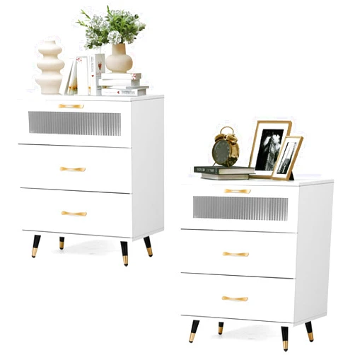 YIGOBUY White Nightstand Set of 2 Wood 3 Drawer Bedside Table with Glass Door, Gold Leg and Handle, Bedside Cabinet Furniture Side Table for Bedroom