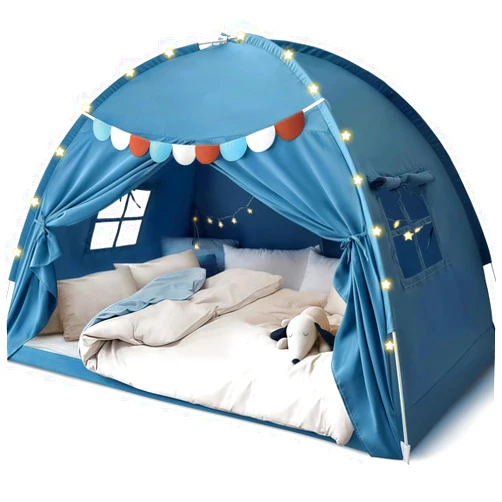 Razee Full Size Bed Canopy for Kids, Toddler Bed Tent Dream Playhouse Privacy Floor Sleeping Tents Indoor Under Bunk Bed Tent with Pennant Banners, Kid House Toys for Boys Girl Birthday Gift