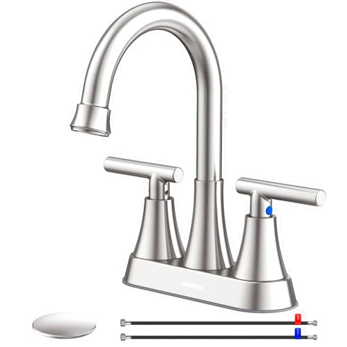 Hurran Bathroom Faucets for Sink 3 Hole, Hurran 4 inch Brushed Nickel Bathroom Sink Faucet with Pop-up Drain and Supply Lines, Stainless Steel Centerset Faucets for Sink Vanity RV