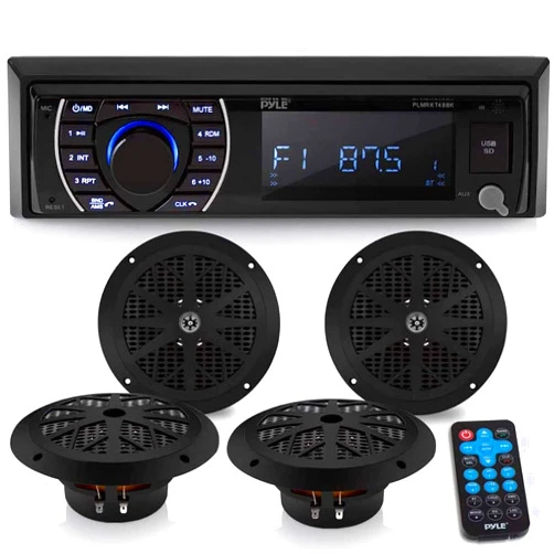 Pyle Marine Head Unit Receiver Speaker Kit - In-Dash LCD Digital Stereo Built-in Bluetooth & Microphone w/ AM FM Radio System 6.5’’ Waterproof Speakers (4) MP3/SD Readers & Remote Control -PLMRKT48BK