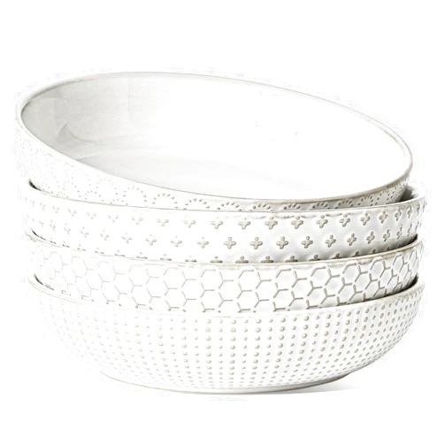 LE TAUCI Pasta Bowl 36 oz, Salad Bowl Serving Plate Bowls, Housewarming Wedding Present, Ceramic Embossment Bowl for Pasta, Fruits, Salad, Noodle, Dinner - 8 Inch, Set of 4, Arctic White