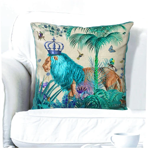 FabFunky Kelly Stevens-McLaughlan, Blue Lion in Tropical Jungle Decorative Cushion / Pillow Cover, Zippered Base, Full Piping, 18 Inches x 18 Inches