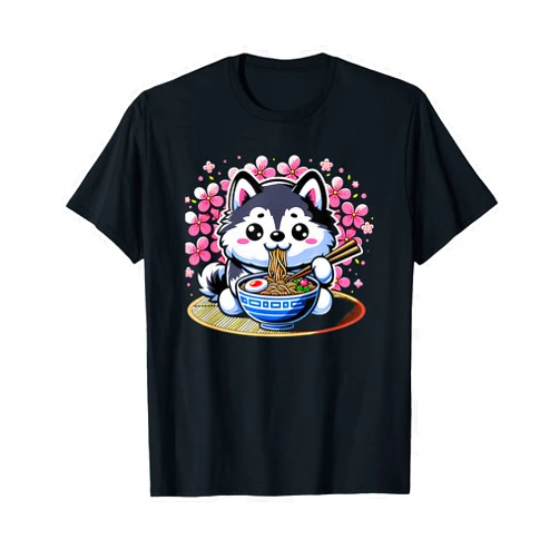 Siberian Husky dog Ramen Kawaii Siberian Husky dog Eating Ramen T-Shirt