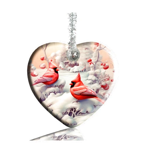 FQJNS Ceramic Ornament Christmas Ornaments Holidays Ornaments Creative Heart Porcelain Ornament Christmas Tree Home Decoration Snowy Scene, with Cardinals