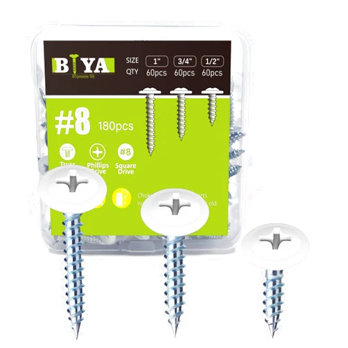 B1jounie YA White Screws,#8 White Wood Screws 180pcs Thread Truss Head Fast Self Tapping White Pan Cabinet Screws Wood Work for Wall Plates, 1/2 Inch, 3/4 Inch, 1 Inch