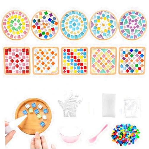 Adboros 10 Sets DIY Glass Mosaic Tiles for Crafts Mixed Color Mosaic Kits with Wooden Coaster for Adults Bamboo Coaster for Drinks Tray Handmade Home Decoration