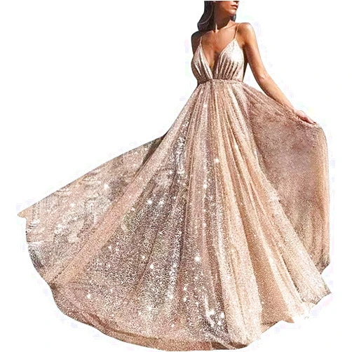 AiniDress Women's Sparkling Deep V-Neck Prom Dresses Long Backless Tulle Formal Evening Gown