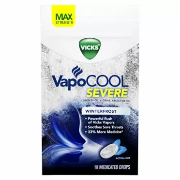 Vicks, VapoCOOL SEVERE Medicated Drops 18ct MaximumStrength Relief to Soothe Sore Throat Pain, Menthole, 18 Count