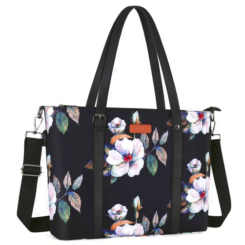 MOSISO USB Port Laptop Tote Bag (13-13.3 inch) with Adjustable Top Handle, Laptop Bag for Women, Hibiscus Polyester Work Travel