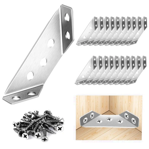 Sissinda 20Pcs Universal Stainless Steel Furniture Corner Connector, Angle Corner Bracket with Screws, Corner Braces, Corner Connectors for Shelves Wood Furniture Cabinets (20 Pcs)