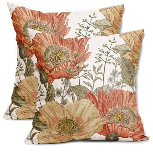 Sweetshow Vintage Flower Throw Pillow Covers 18x18 Brown Rust Colored Floral Botanical Pattern Decorative Pillows Outdoor Linen Farmhouse Cushion Case Country Pillowcase for Sofa Bed Room Decor Set of 2