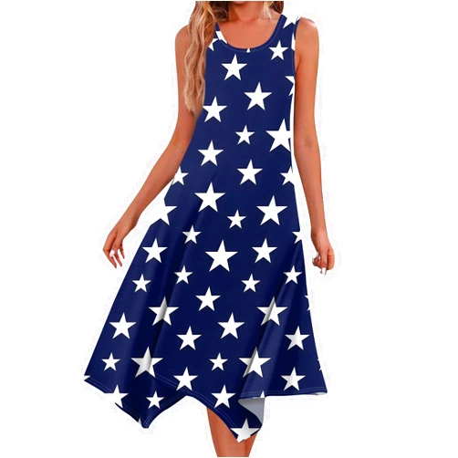 Generic 4th of July Dresses for Women 2024 Patriotic Sleeveless Tank Dress with Pockets American Flag Holiday Beach Sundress